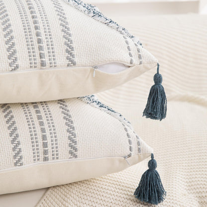 Boho Throw Pillow Covers 18x18 Set of 2 Cotton Woven Tufted Farmhouse Pillows Covers with Tassels Outdoor Neutral Navy Decorative Pillowcases Square Textured Accent Cushion Cases for Couch Bed Sofa