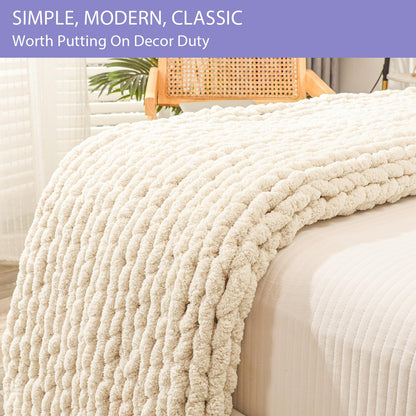 Bigacogo Chunky Knit Throw Blanket for Couch, 40x60 inches, 100% Hand Knitted with Thick Jumbo Chenille Yarn, Cozy Soft Large Rope Knot Cable Crochet Blankets for Sofa Bed Living Room, Beige