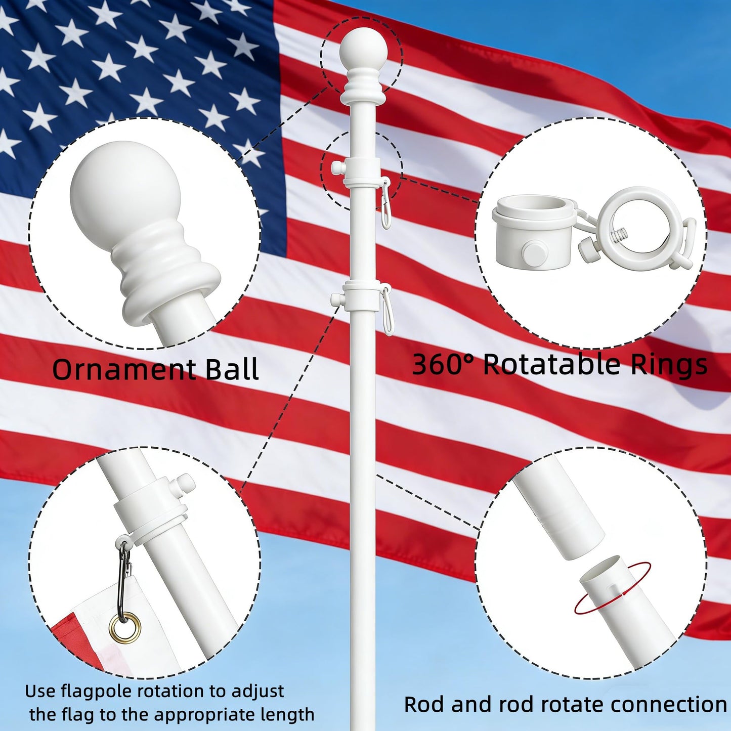 Hoffen 6FT Flag Pole Kits for Outside House with Upgraded Bracket, Stainless Steel Wall Mount Tangle FlagPole Without America Flags for Residential or Commercial (White)