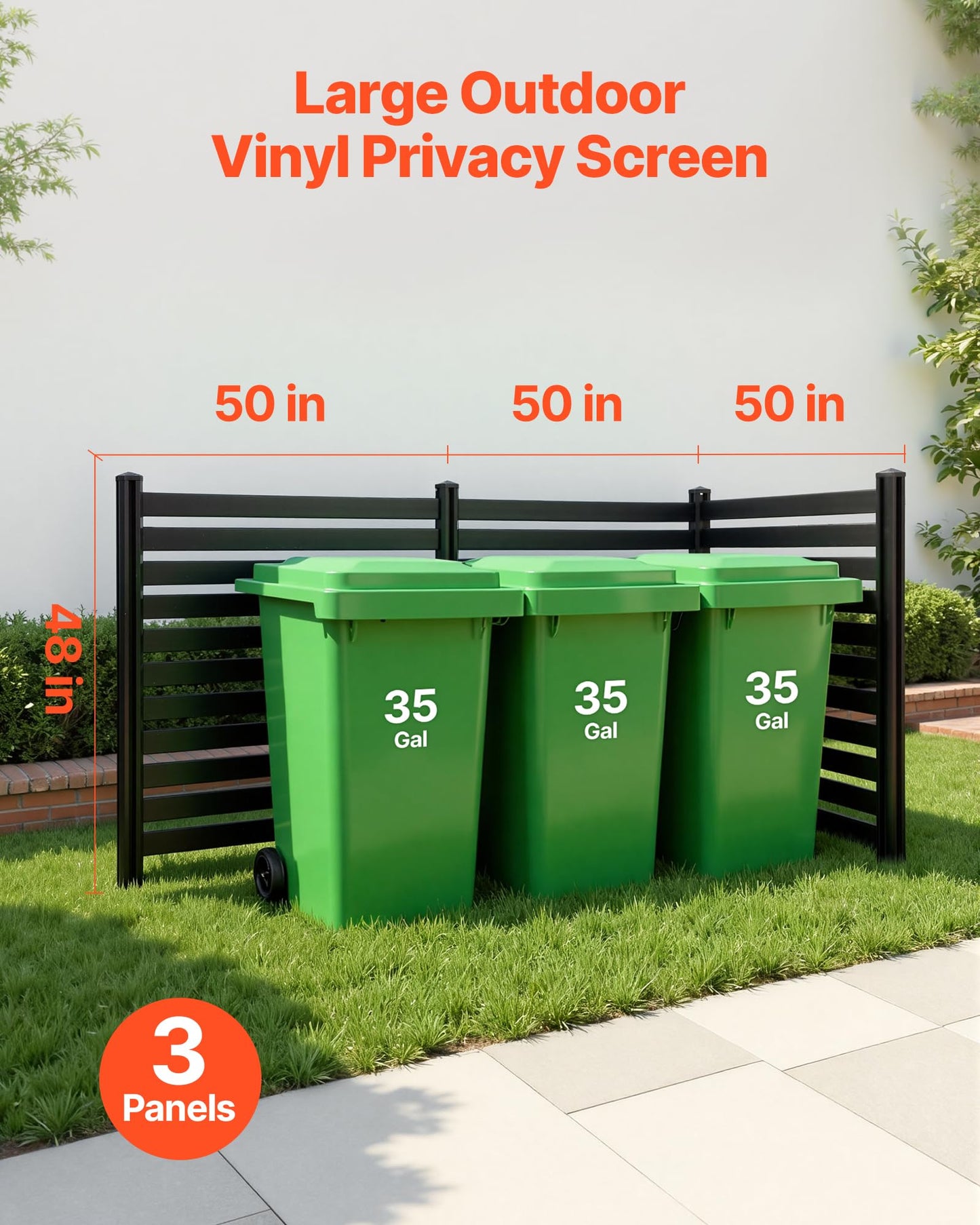 VEVOR 3 Panels Outdoor Privacy Screen, 50 x 48 in Air Conditioner Fence with 27.6 in Ground Stakes, Pool Equipment Enclosure, Vinyl Privacy Fence, Ideal for Trash Can and A/C Units, Black