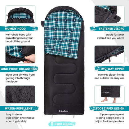 KingCamp Sleeping Bag for Adults, Cold Weather & Warm XL Big and Tall Flannel Sleeping Bags with Compression Sack Portable Waterproof Essentials Gear Accessories for Outdoor Camping (Black Right)