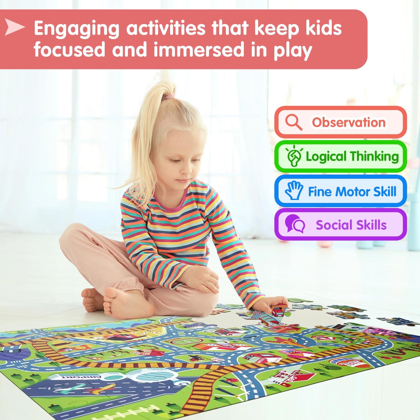 Beeqoo City Adventure Giant Floor Puzzle for Kids Ages 3-8 - 60 Piece Large Piece Puzzles- Town Map with Race Tracks & Train Tracks - Storytelling Educational Preschool Toy for Toddlers Ages 3+