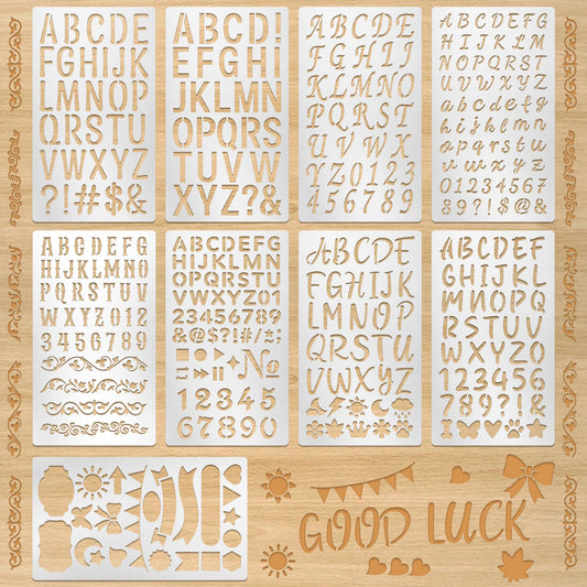 9Pcs Metal Letter Number Stencils,7×4 Inch Reusable Alphabet Symbol Stencil,Small Engraving Wood Burning Template for Wood Wall Painting,DIY Crafts,Journaling,Scrapbooking&Art Projects School Supplies