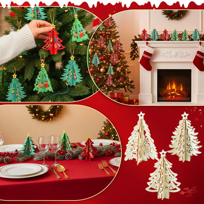 Chunful 72 Pcs Christmas Tree Wooden Crafts DIY 3D Christmas Tree Signs Xmas Unfinished Wood Cutouts Crafts Ornaments Hollow Wooden Slices Hanging Decoration for Xmas Holiday Tabletop Gifts