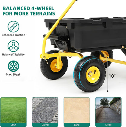 Autodaya 900LB Garden Dump Cart, 2026 Upgraded Heavy Duty Wheelbarrow Cart with 10" Non-Slip Pneumatic Tires & Quick-Release System, 4-Wheel Steel Frame Wagon for Transportation in Yard, Farm, Garden