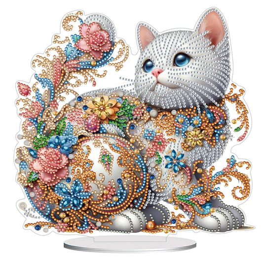 ACSAUMMY 5D Diamond Art Kits for Adults, Diamond Art Painting Desktop DIY Diamond Art Tabletop White Cat Diamond Arts and Crafts for Kids Adults Stand Up Gem Painting Kit for Decoration