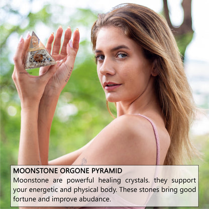 Rainbow Moonstone Orgonite Pyramid for Joy, Intuition and Spiritual Awareness | Orgonite Orgone Crystal pyramid with Copper Coil and Crystal Quartz for Chakra Protection (Rainbow Moonstone)