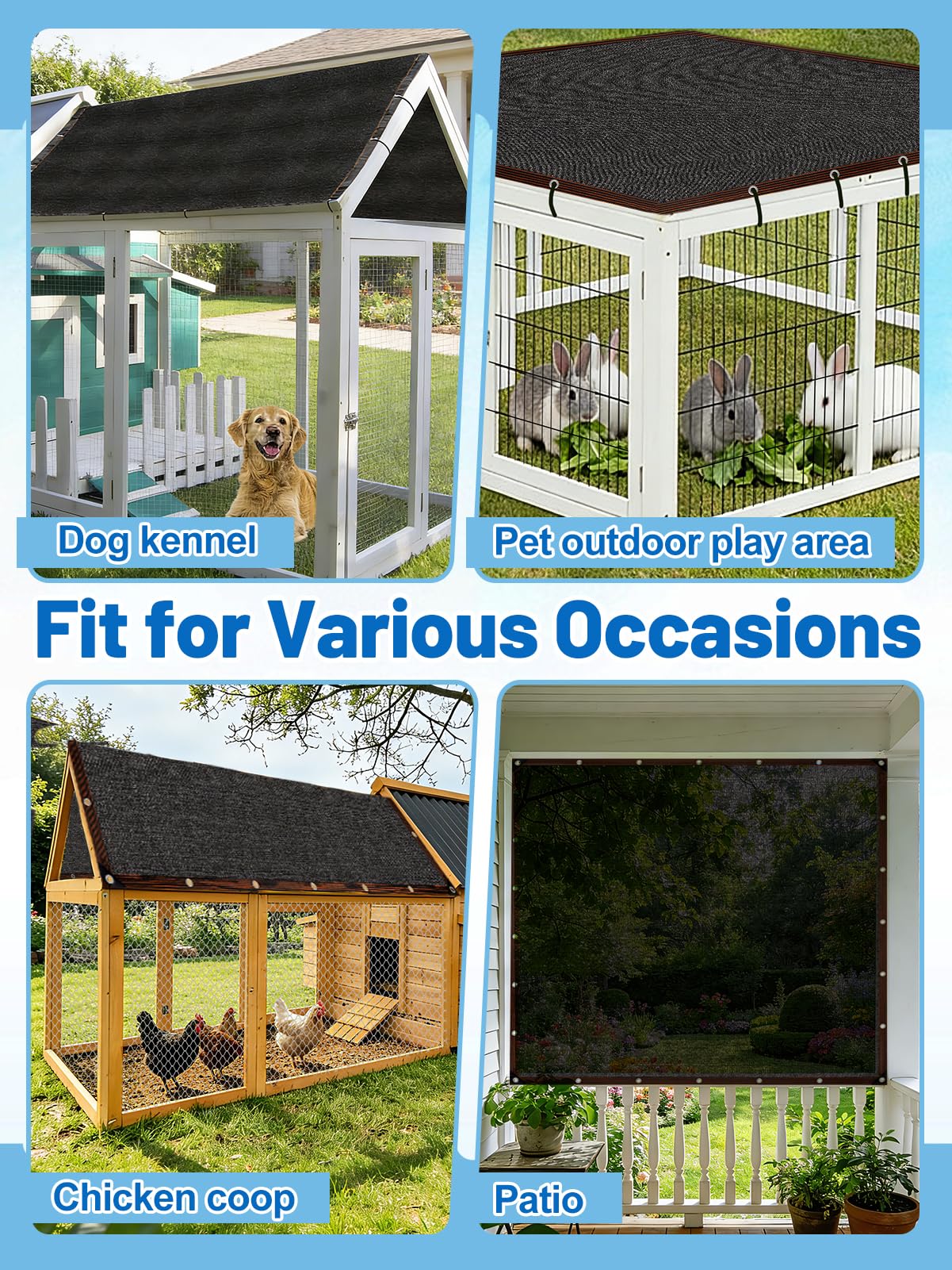 95% High Density Dog Kennel Shade Cover- 10 x 10ft Upgrade Mesh Shade Panel with Grommets- Dog Cage Sunblock Shading Cloth Net Mesh Tarp with Rope for Outdoor Dog House Large Pet Crate Chicken Coop
