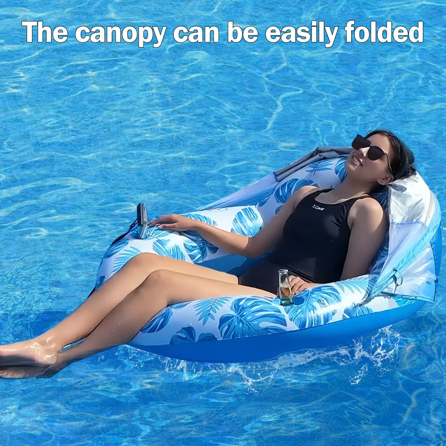 COOLCOOLDEE Pool Float with Canopy for Adults,Inflatable Lounge Chair with UPF 50+ Sun Protection,Backrest and Legrest,Blue