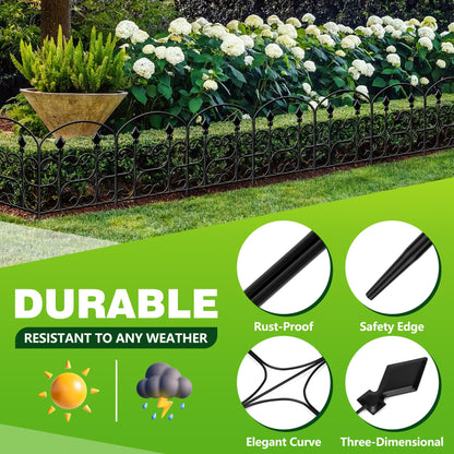 QIAOKAIYAN 19 Pack Decorative Garden Fence Panels – 24in(H) x 20.57ft(L) Black Metal Fence with Floral No Dig Animal Barrier Fence Rustproof Garden Edging for Yard Patio Dog Outdoor Decor Flower Bed