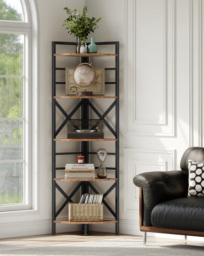 CHOEZON 69.3" Corner Shelf 5-Tier, Large Corner Shelving, Freestanding Storage Stand for Bedroom, Living Room, Kitchen, Industrial Engineered Wood Bookshelf Organizer, Rustic Brown and Black TCJ15BF