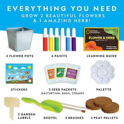 National Geographic Flower & Herb Gardening Kit for Kids - Kids Gardening Set with 3 Stainless Steel Pots, Paint & Stickers, Outdoor Toys, Craft Kits, Plant Growing Kit, Easter Basket Stuffers