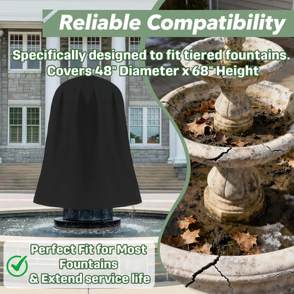 Fountain Cover 48" x 68", Heavy Duty Oxford Cloth Outdoor Fountain Protector with Adjustable Drawstring, Waterproof & Dustproof for Garden/Patio Water Fountains & Statues, Winter Protection (Black)