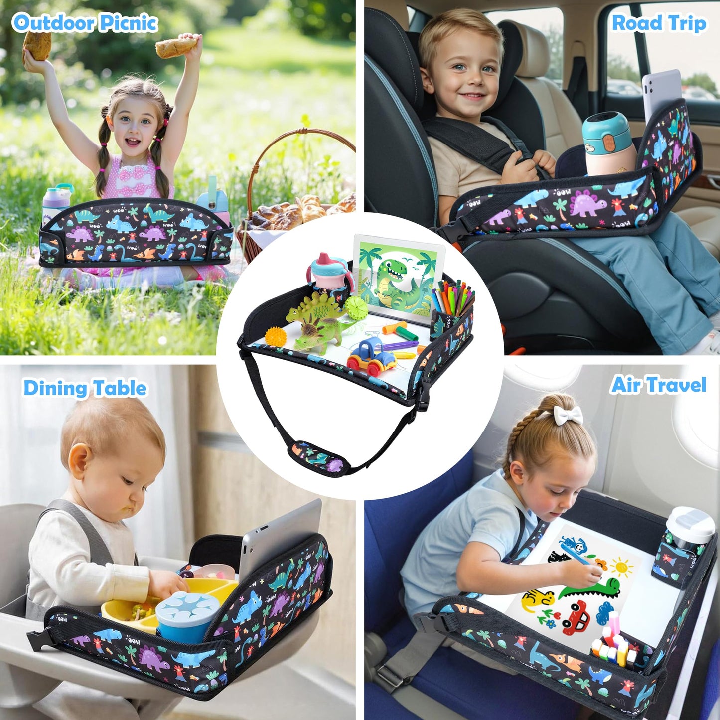 AZAMIA 2Pcs Kids Travel Tray for Toddler Carseat, Road Trip Activities Essentials for Toddler, Kids Lap Desk Tray with Tablet Holder Stand ＆ Dry Erase Board (Dinosaur-2Pcs)