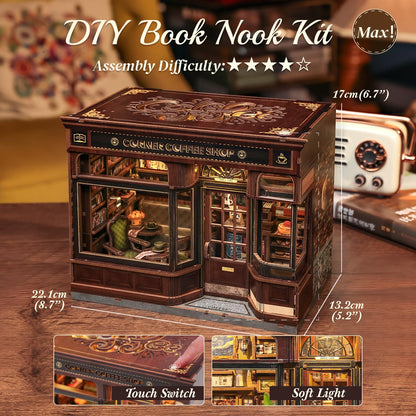 CUTEBEE Book Nook Kit - DIY Miniature House Coffee Shop Dollhouse Kit for Adults, Booknook Tiny House Bookshelf Decor 3D Wooden Puzzle, Gifts for Family, Friends (Corner Coffee Shop)