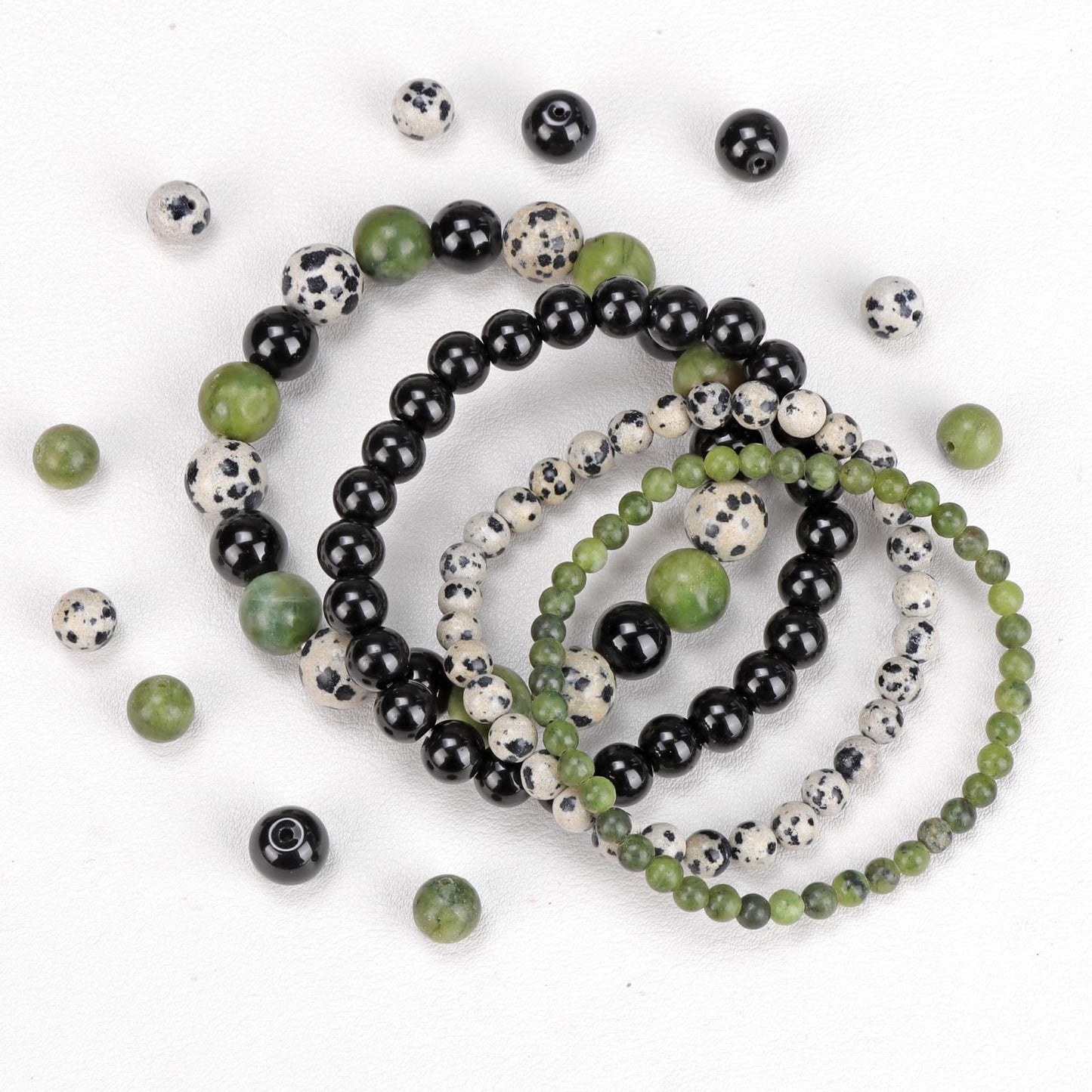 Vinswet 4pcs Natural Stone Beaded Bracelets for Women Men,Healing Crystal Gemstones Stretch Bracelet,4mm 6mm 8mm 10mm Southern jade Dalmatian Jasper Black Obsidian Anxiety Stress Relief Bracelet Jewelry Gifts