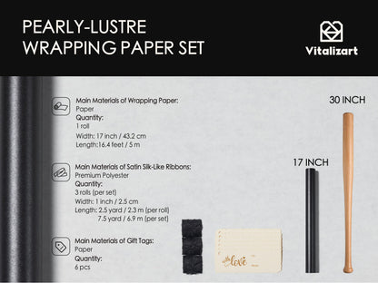 Vitalizart Black Wrapping Paper Set 17" Pearly-Lustre With Silk Like Satin Ribbon & Gift Tags Recyclable Christmas Gift Wrapping Birthday Baby Shower Wedding Handmade Crafts 197"(16.4 Ft)