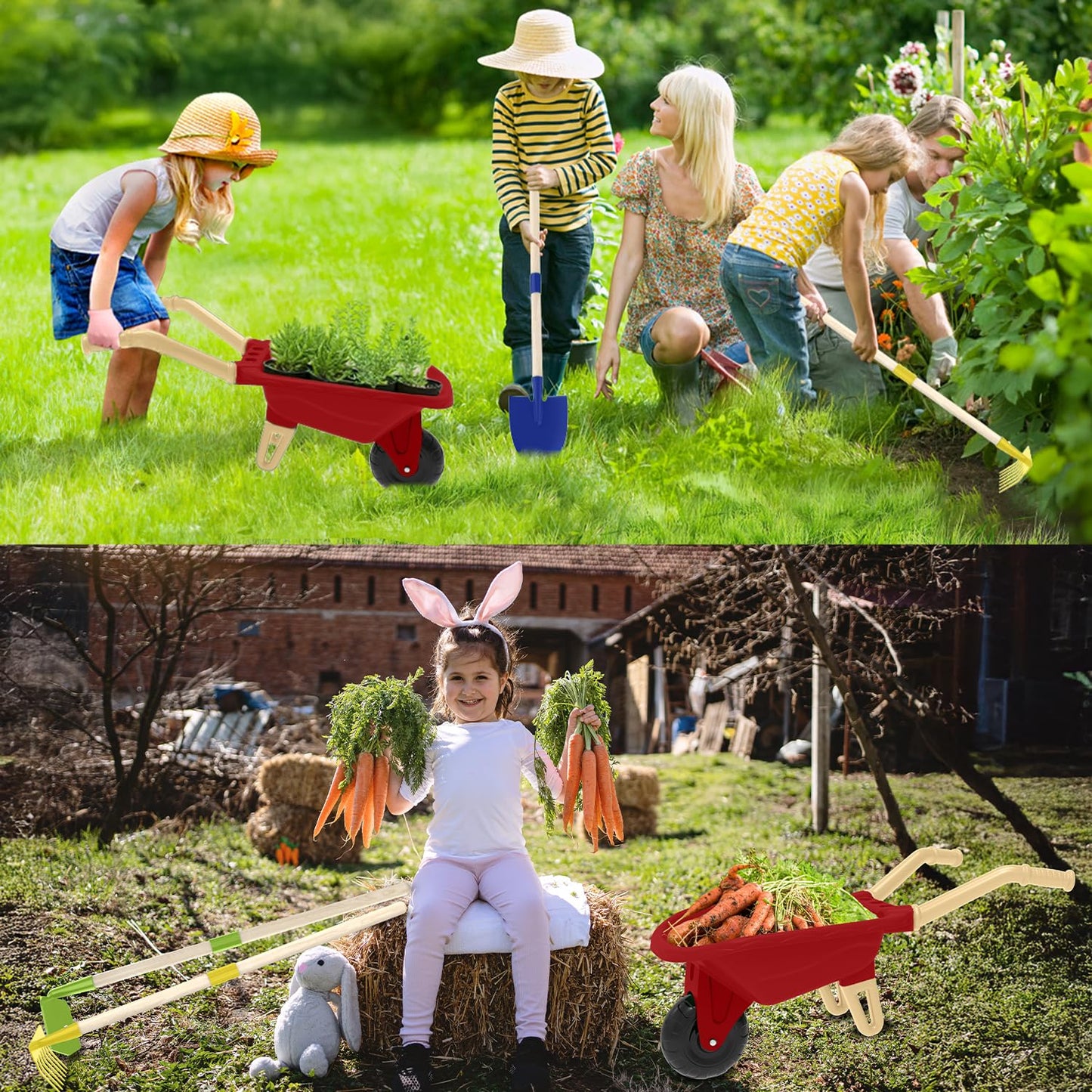 Qtioucp Kids Gardening Tools Outdoor Toys Set Backyard Play with Wheelbarrow Educational STEM Learning Pretend Toys Outdoor Indoor for Toddlers Kids Boys Girls (Red Wheelbarrow Set)