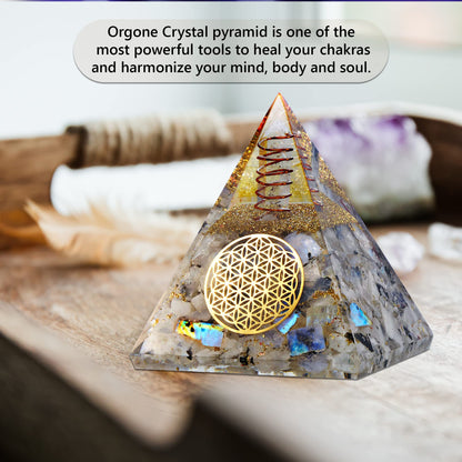 Anaya Agate Moonstone Orgone Pyramid, Rainbow Moonstone Crystal Pyramid, Orgonite Pyramid for Protection, Spiritual Crystals and Healing Stones, Meditation Pyramid for Stress Relief, Luck, Wealth