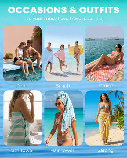 6 Packs Turkish Beach Towels Vacation Essentials Quick Dry Sand Free Oversized Bath Pool Swim Towel Extra Large XL Blanket Adult Travel Cruise Must Haves Clearance Stuff Necessities Accessories