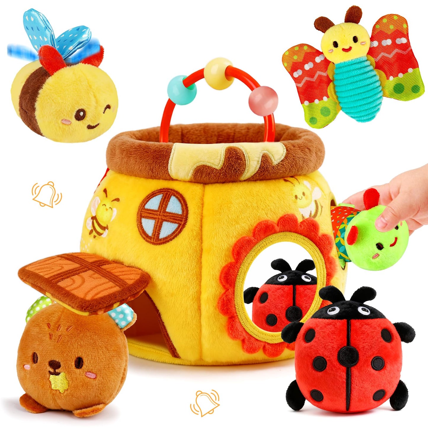 Thremhoo Baby Toys 6-12 Months - Soft Beehive with 5 Stuffed Animals, Rattle, Crinkle, Mirror, Montessori Sensory Toys for Babies 6 7 8 9 10 Months Old Baby Boy Girl Shower Gifts Ages 0-2