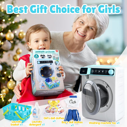Kids Toy Washing Machine, Realistic Pretend Play Appliance for Girls, Interactive Toy Dollhouse Furniture, Play Washer and Dryer Playset with Spinning Drum, Light & Sound Effects, Laundry Basket Set