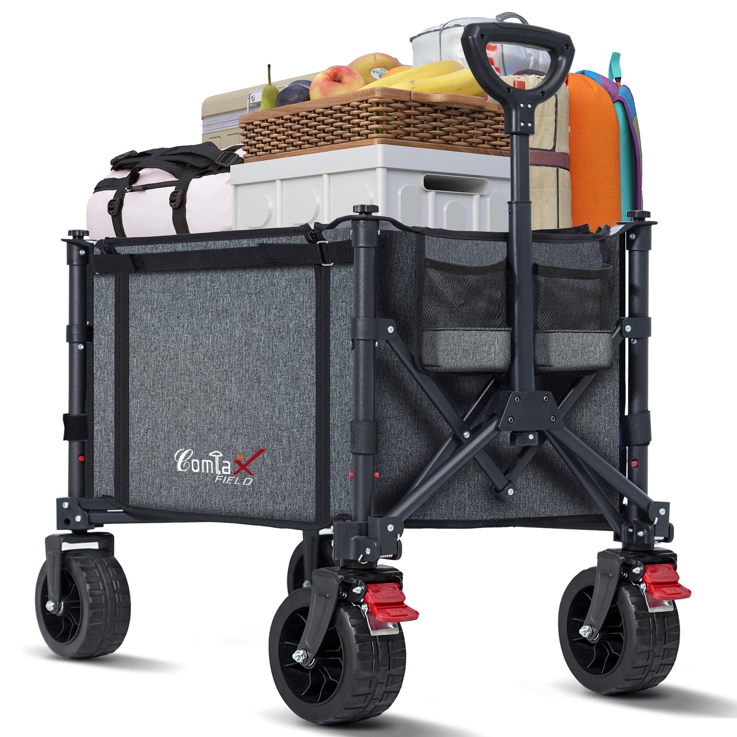 COMLAX FIELD Collapsible Wagon Cart Foldable with Big Wheels Brakes, 250lbs Folding Utility Lightweight Garden Wagon, Portable Grocery Cart for Camping Shopping Sports Pets, Grey