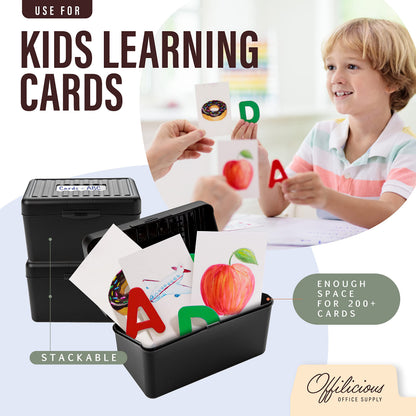 OFFILICIOUS Black Index Card Holder 4x6 - Index Card Box With Index Dividers, Ruled Cards & Stickers - Recipe & Flash Card Holder Box Organizer