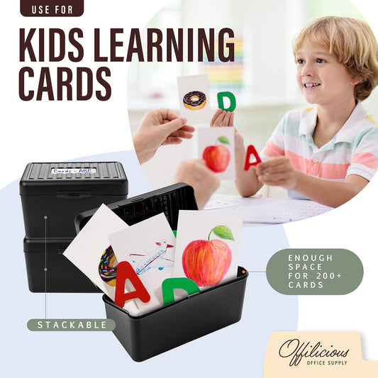 OFFILICIOUS Black Index Card Holder 4x6 - Index Card Box With Index Dividers, Ruled Cards & Stickers - Recipe & Flash Card Holder Box Organizer