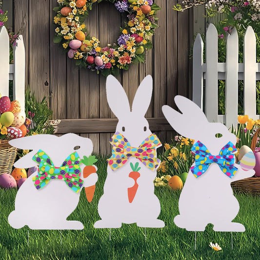3PCS Easter Outdoor Decoration Bunny Yard Signs with Metal Stakes Waterproof Spring Welcome Sign for Party, Lawn, Garden Home Decor