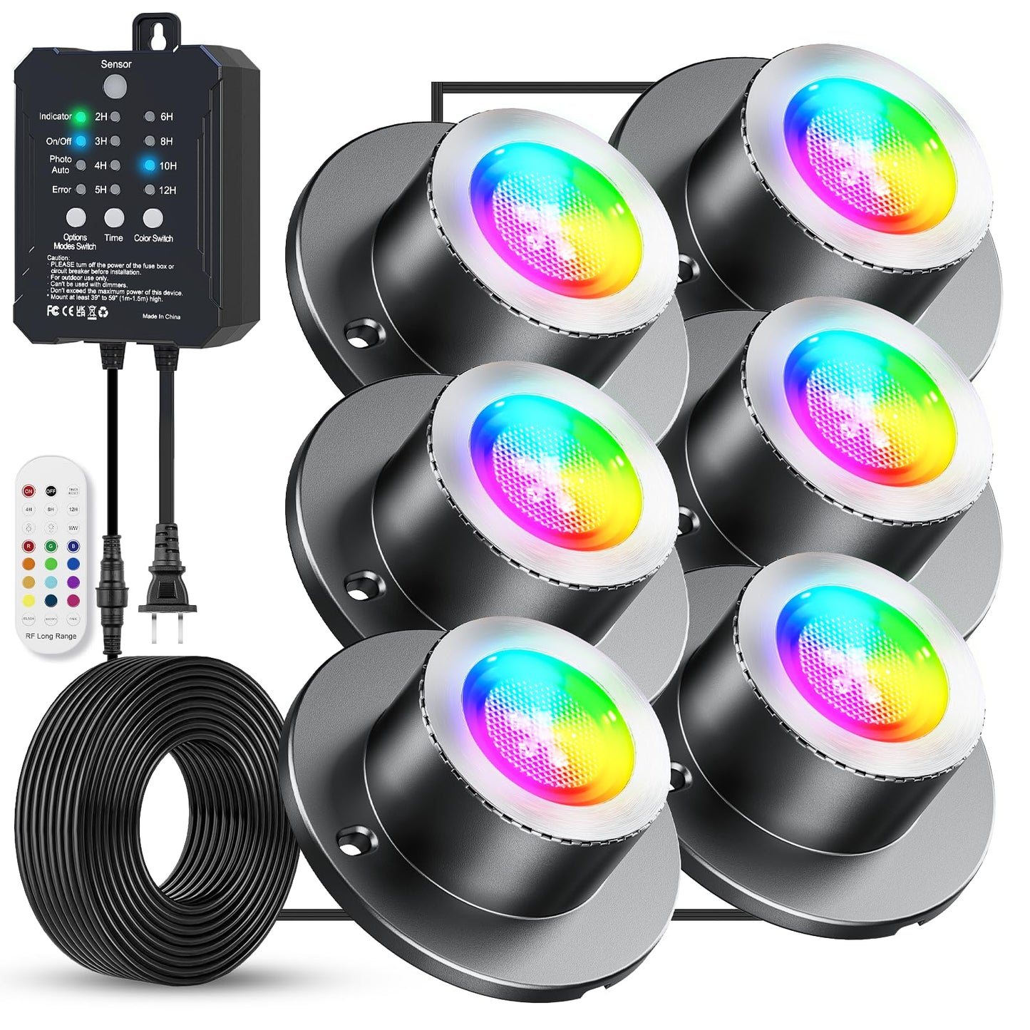 HIBOITEC LED Pond Lights, RGBWW Underwater Fountain Light with 12V Timer Transformer,Photocell Light Sensor, IP68 Waterproof Outdoor Underwater Lights for Outdoor Ponds Garden, 6 Head