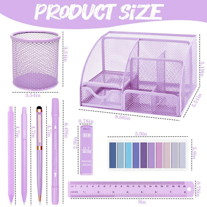 Purple Desk Accessories, 17Pcs Purple Office Supplies Set with Stapler, Mesh Desk Organizer, Tape Dispenser, Staple Remover, Pen Holder, Clips, Pens, Ruler, for Office Home School Women Students Gift