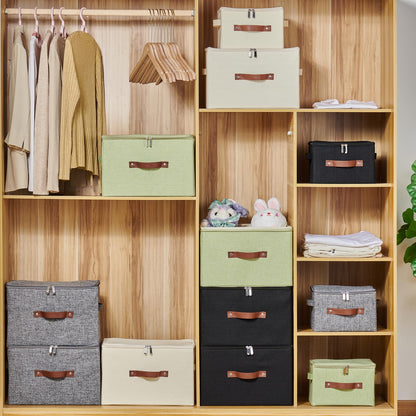 VinneGenzz Storage Bins with Zipper Lid Cotton Linen Fabric Lidded Storage Baskets Boxes Foldable Washable Closet Shelf Clothes Organizer Container with PU Leather Handles (Gray, Large Size)