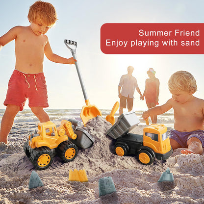 IOKUKI Long Shovel Sand Beach Toys with Big Excavator Toy, Dump Truck Toy, Construction Toys, Sand Castle Toys for Beach, Beach Rakes, Molds, Mesh Beach Bag for Kids, Toddlers, Boys & Girls (31 PCS)