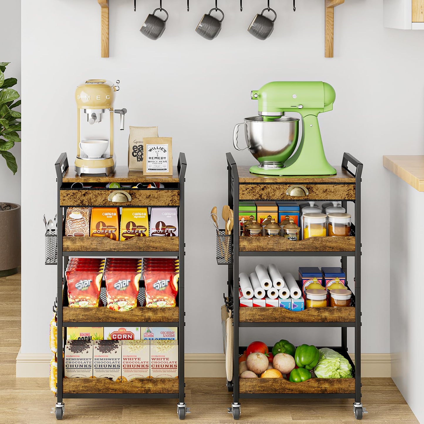 XYZLVSI 4 Tier Rolling Utility Cart Organizer with Removable Drawer, Small Coffee Stand Station with Wheels, Metal Craft Storage Cart for Living Room, Entryway, Bathroom, Office, Makeup