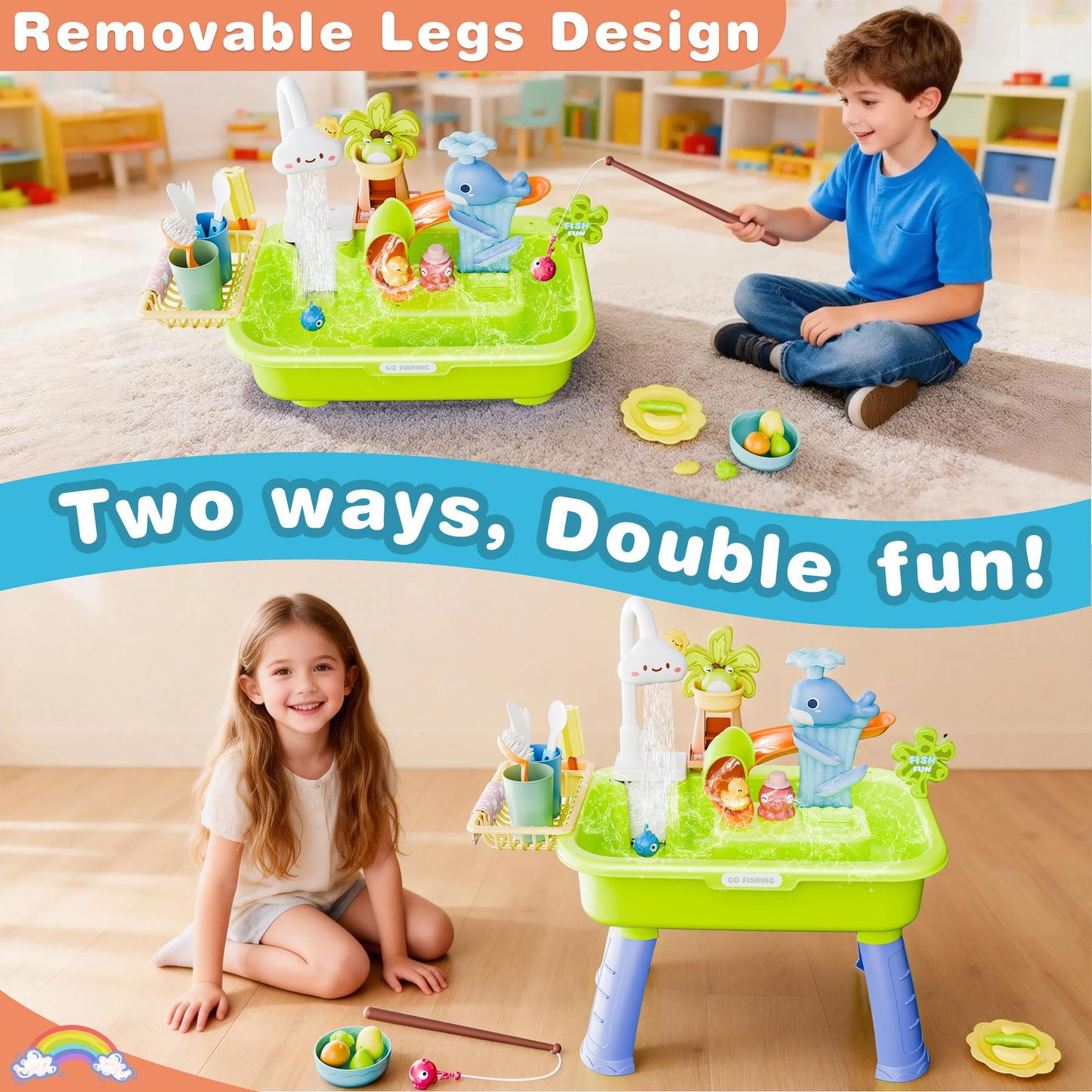 Cosminy 2026 Upgraded Water Table for Toddlers 1-3, Kids Play Sink with Running Water, Toddler Kitchen Sink Toy with Pump, Fishing Game & Sensory Water Play Toys for Boys Girls (Green)