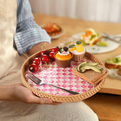 Tynulox Round Rattan Tray with Mother of Pearl Inlay, Rattan Serving Tray for Coffee, Bread, Fruits, Decorative Wicker Tray for Table Decor, Home Decor, Kitchen Island Decor(Pink Checkerboard, 11.8")