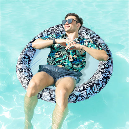 Inflatable Pool Float, Pool Lounger Chair for Adults, Fabric Covered Adult Pool Floats for Lake Beach Floaties（Blue & White）