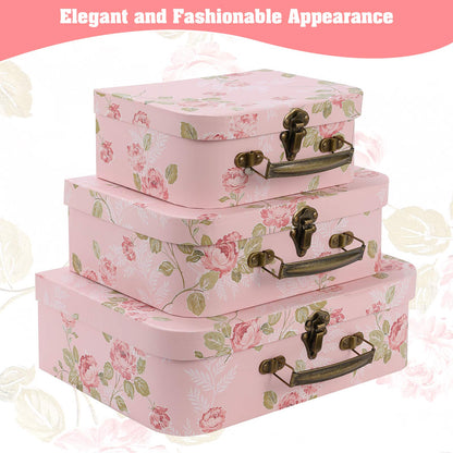 Anndason Set of 3 Paperboard Suitcases Storage Box Storage Gift Boxes With Lids for Photo Storage Home Decoration, Wedding, Birthday, Anniversary and New Year Gift Decoration (3Pcs, Pink Flowers)