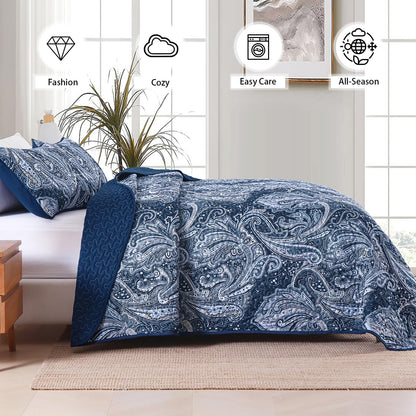 DJY Navy Paisley Quilt Set King Boho Bedspread Coverlet Set 3 Pieces, Soft Lightweight Microfiber Navy Blue Paisley Floral Pattern Bedding for All Season, 110"x90"