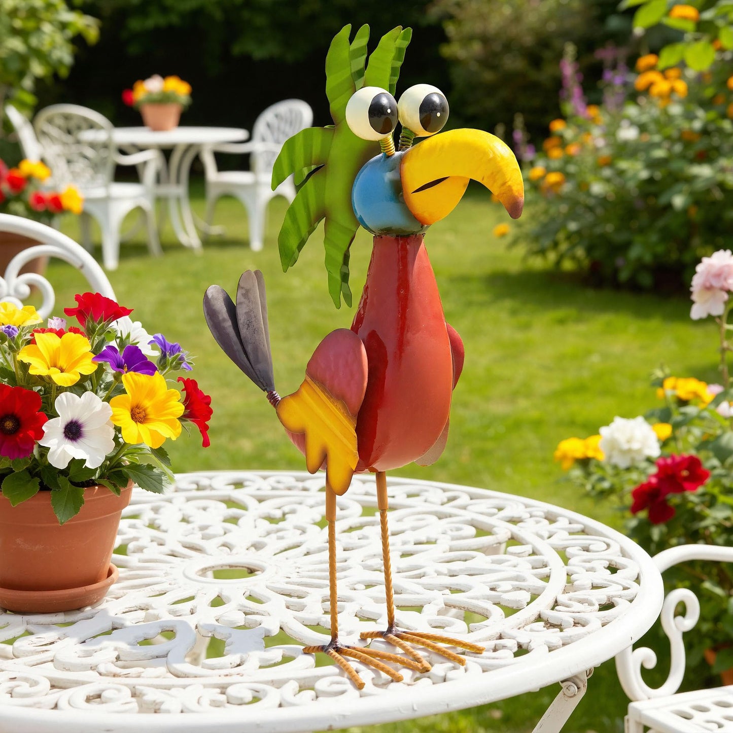 Ultym 19.7" Unique Cartoon Tiki Bird Decor, Handcrafted Large Parrot Sculpture with Ground Stake, Weatherproof Metal Yard Art for Patio, Lawn, Balcony or Indoor Home Decor, Ideal for Parties & Gifts