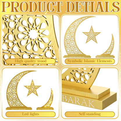 Wesiti 2 Pcs Eid Al Adha Decorations Eid Mubarak Wooden Table Decoration Islamic Gifts for Muslim Gold Crescent Lamp with Moon Star Centerpiece Light for Al Adha Decor Muslim Holiday Celebration