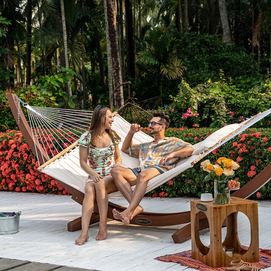 Lazy Daze Hammocks 12 FT Double Quilted Fabric Hammock with Spreader Bar and Detachable Pillow, 2 Person Hammock for Outdoor Patio Backyard Poolside, 450lbs Weight Capacity, Natural