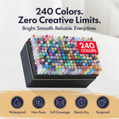 Xushro Acrylic Markers Set - 240 Brush Tip with Waterproof & No-Bleed Lightfast Ink - Acrylic Paint Markers for Rock Painting, Canvas, Wood, Glass, Fabric, & Egg - Arts and Crafts for Adults & Kids