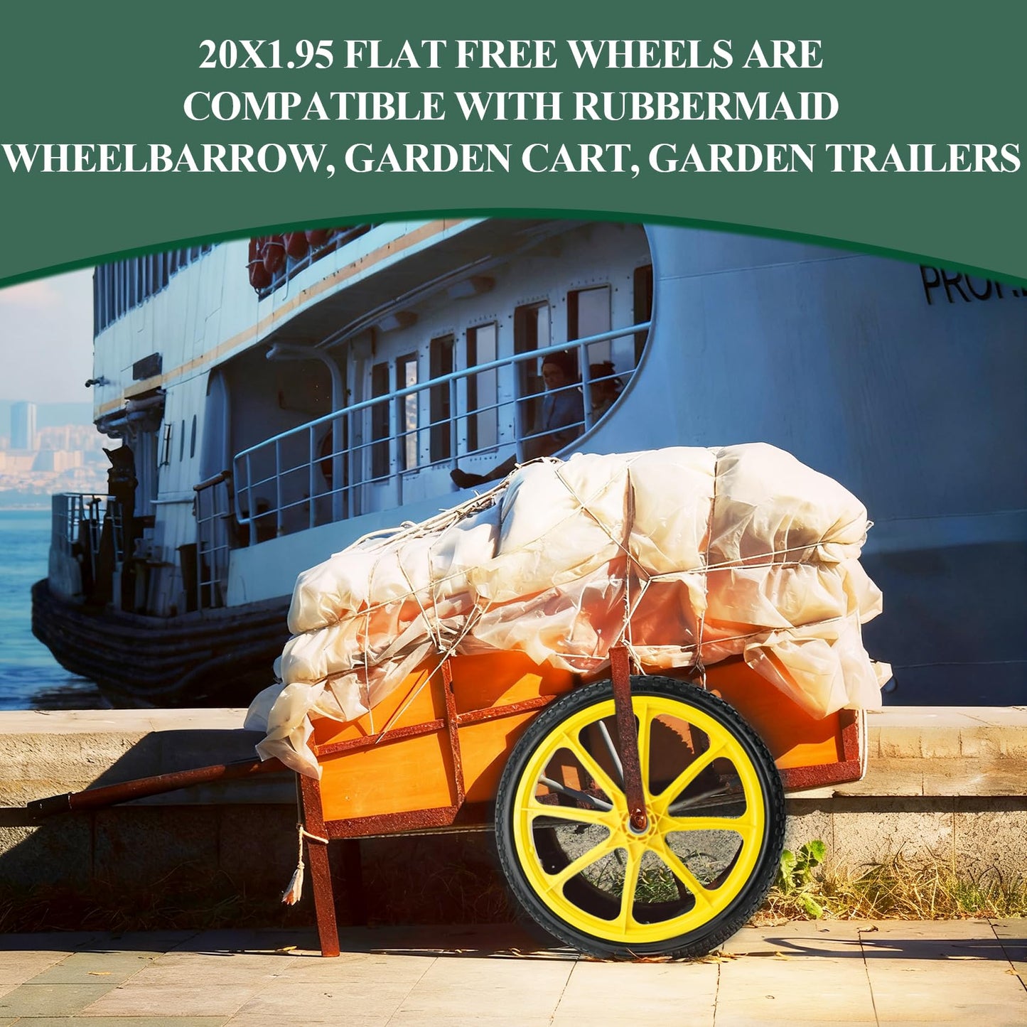 20” Flat Free Wheelbarrow Tires, 5/8” Extra 3/4”Bearing, with 2.45” Centered Hub, Replacement for Rubbermaid Wheelbarrow wheels, Garden Yard Cart, Big Wheel Utility Carts (Yellow, 2 pick)