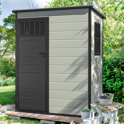 DWVO 5x3FT Outdoor Storage Shed with Fence-Style and Side Windows, Floor & Lockable Doors, Plastic Storage Shed, Storage Shed for Backyard and Garden, Blue-Gray