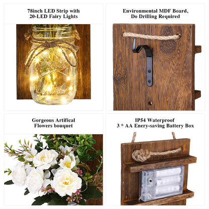 Lightess Wall Decor Mason Jar Sconces with Remote Control, Rustic Home Decor LED Fairy Lights with White Rose, Farmhouse Wall Decorations Lights Set of Two for Dining Room Living Room