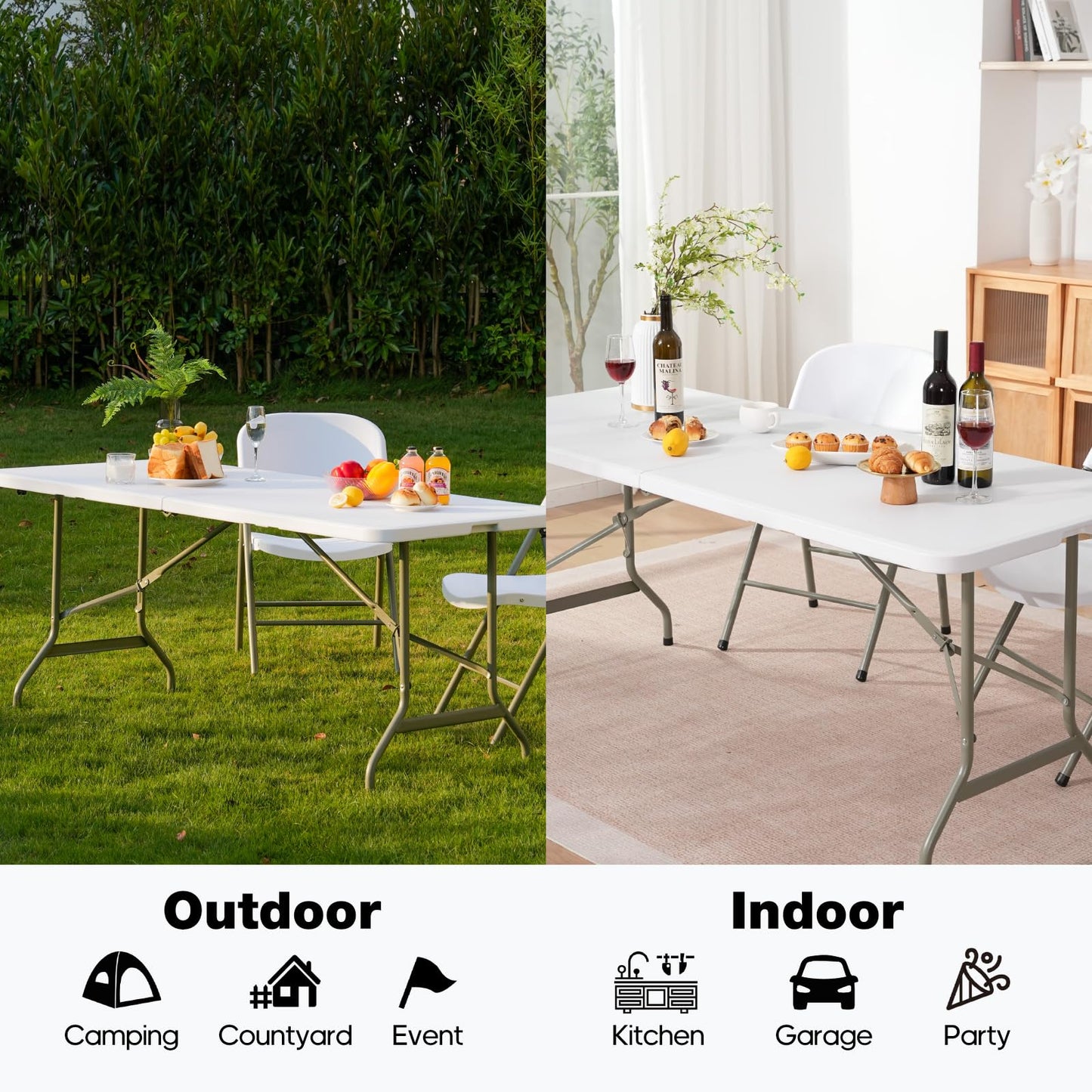 GlowitLian Folding Table 6ft, Heavy-Duty 500lbs Weight Capacity Foldable Table with HDPE Top & Steel Legs, Portable 6 Foot Picnic Table for Indoor Outdoor Parties, Camping, Event
