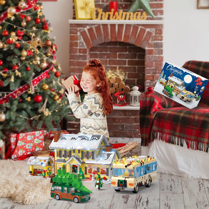 Snow Village Building Set,4 in 1 Christmas Vacation Holiday House&Cousin Eddie's RV&Picup Truck&Garage Building Blocks Model Kit Compatible with Lego for Child Adults(2056PCS)