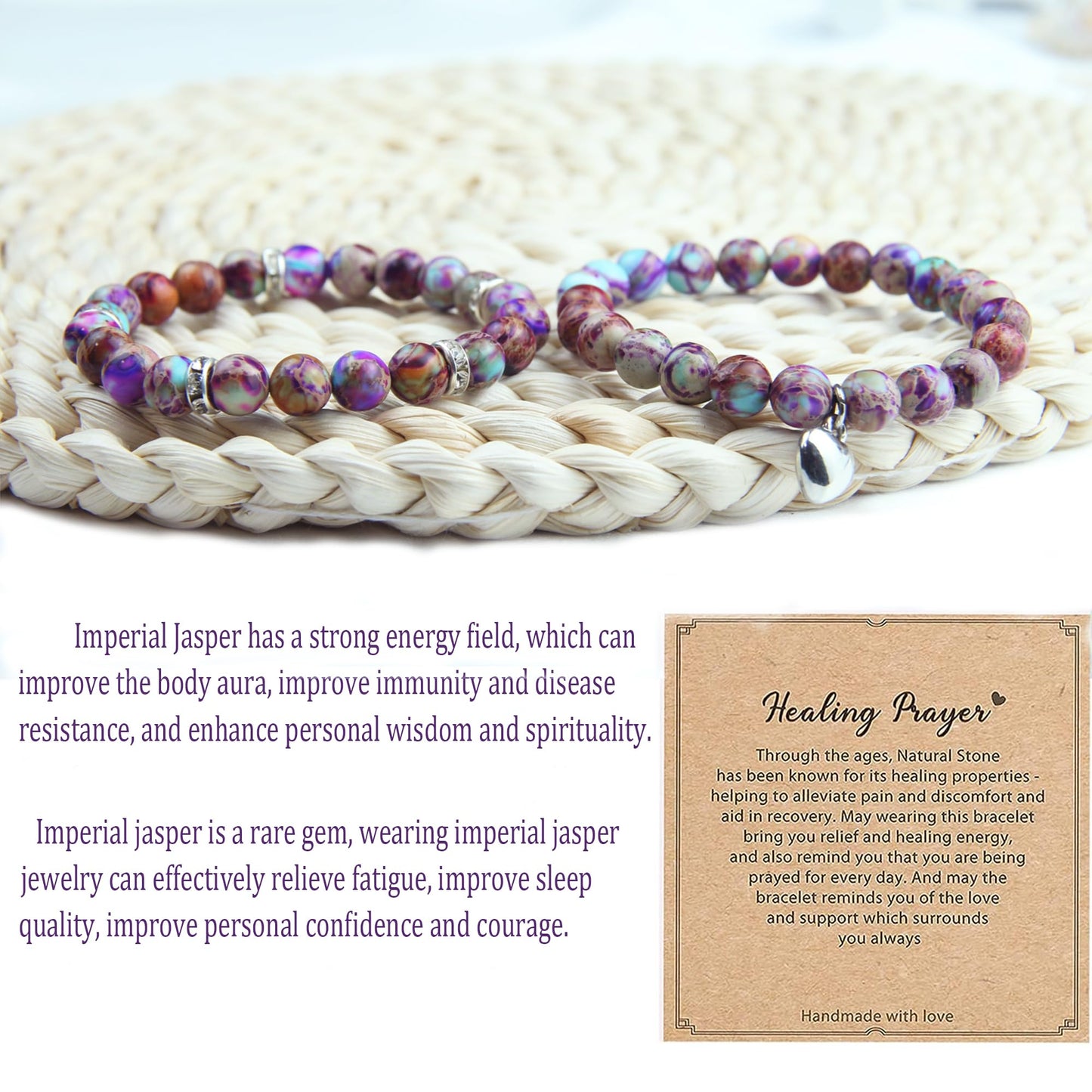 GDLKPYHS Healing Bracelets for Women - Imperial Jasper Bracelet - Healing Prayers Crystal Bracelet, 8mm Natural Stone Stress Relief Yoga Beads Get Well Soon Gifts